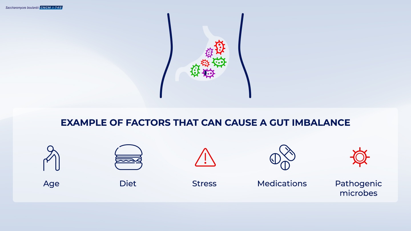 Schematic with pictograms of some of the factors that can cause an imbalance of gut microbiota leading to dysbiosis with pictograms depicting age, diet, stress, medications and pathogenic microbes.