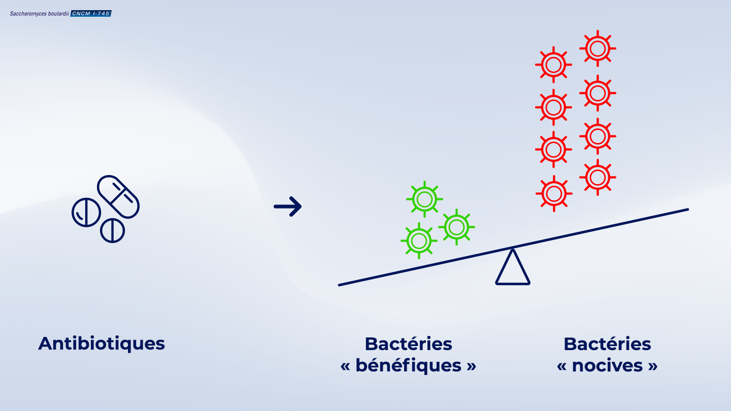 Schéma du déséquilibre du microbiote lié aux antibiotiques avec pictogrammes.